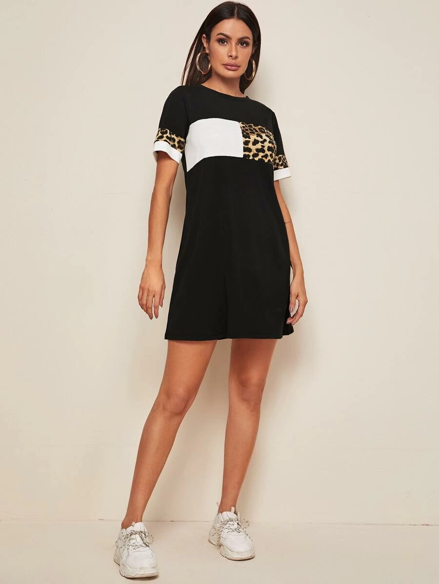 Vestido estilo camiseta de color combinado de leopardo - Imagen 4
