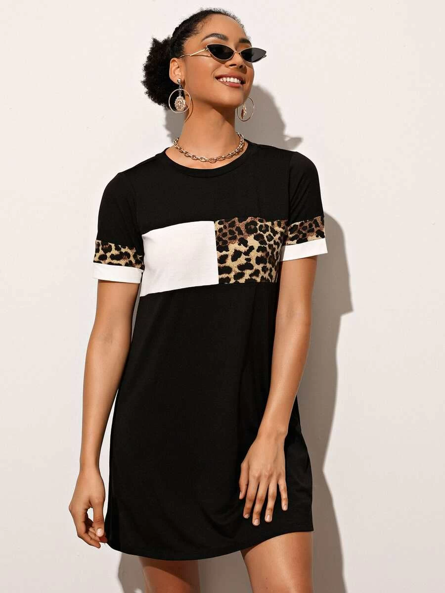 Vestido estilo camiseta de color combinado de leopardo