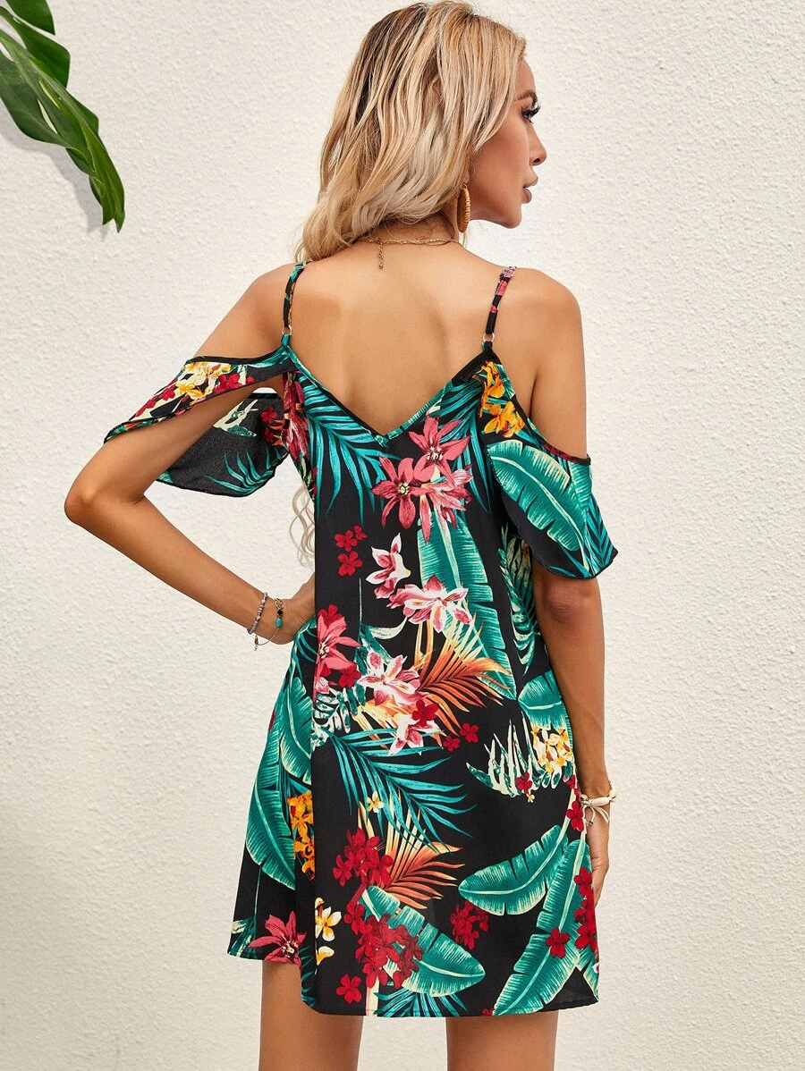 Vestido de hombros descubiertos con estampado tropical - Imagen 3