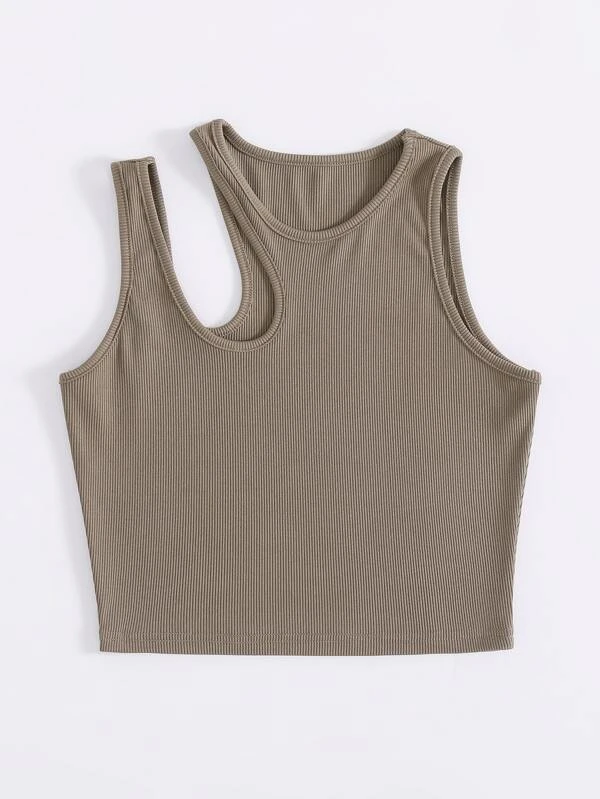 Top tank corto tejido de canalé de cuello asimétrico - Imagen 2