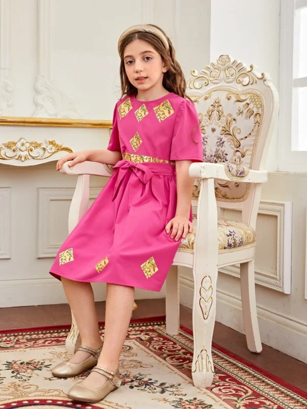 Vestido con cinturón con estampado de planta de manga farol - Imagen 4