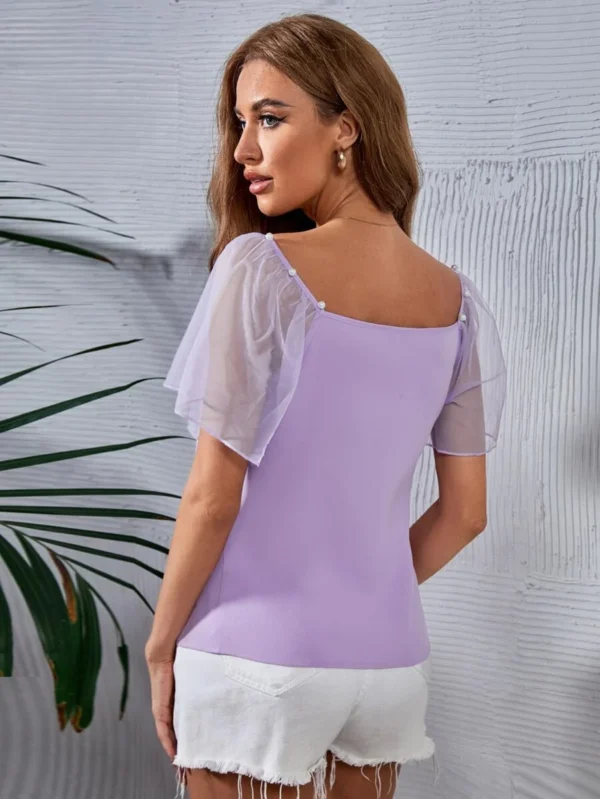Blusa con cuenta de perla de malla en contraste de manga mariposa - Imagen 2