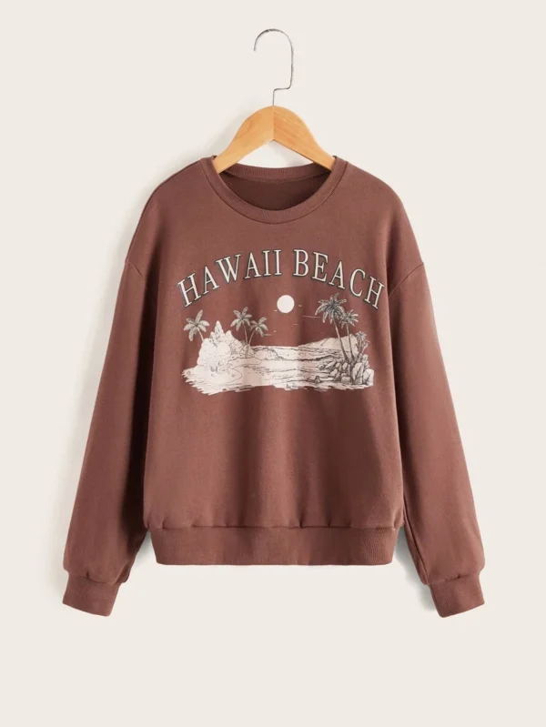 Sudadera con estampado de árbol de coco y letra de hombros caídos