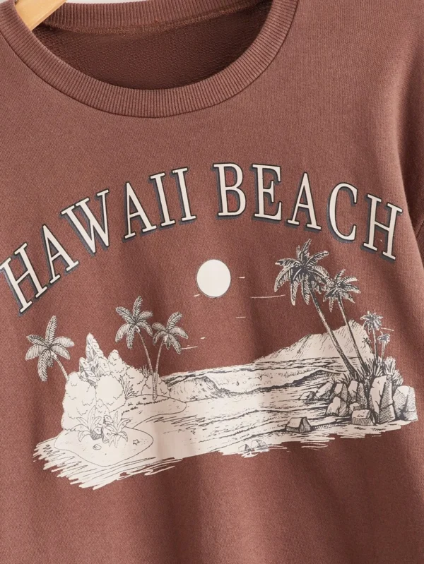 Sudadera con estampado de árbol de coco y letra de hombros caídos - Imagen 3