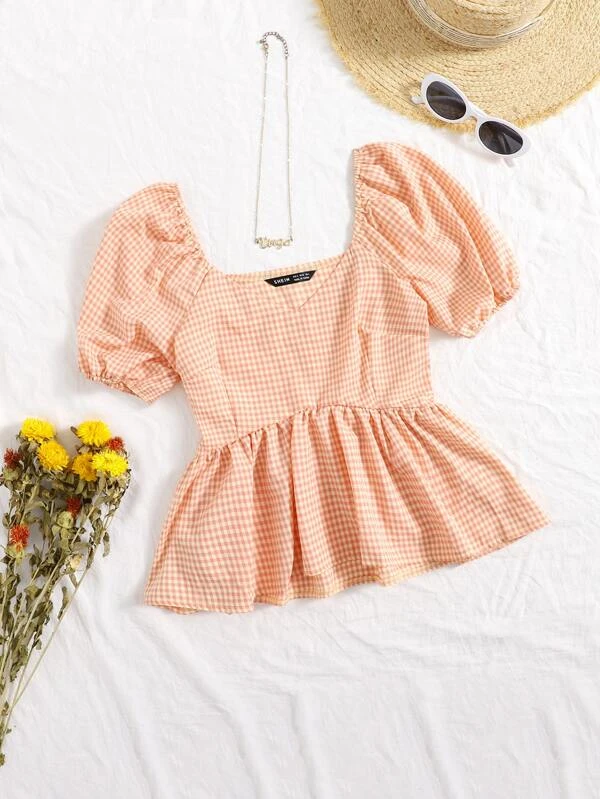 Camisa de guingán bajo con fruncido de manga farol