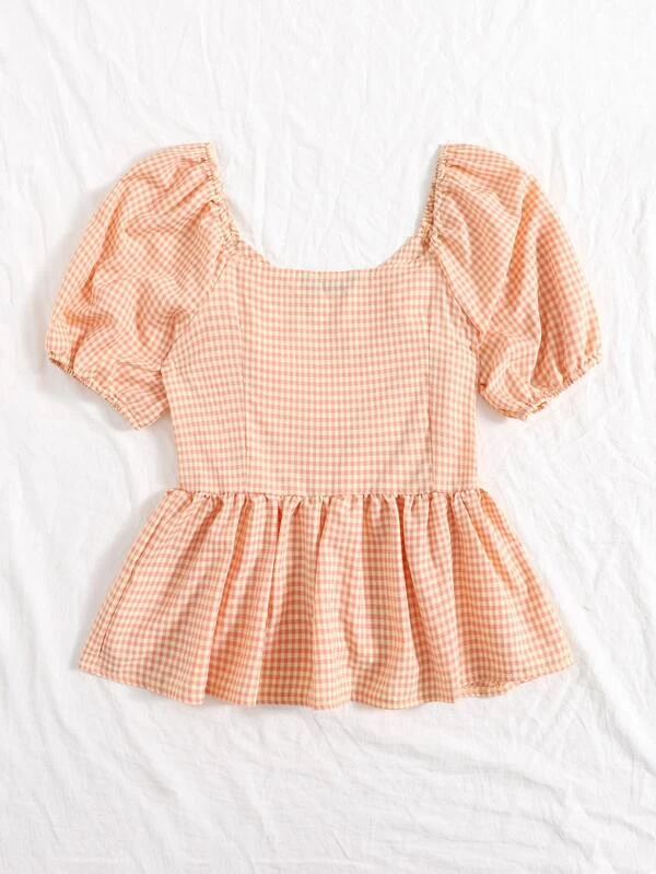 Camisa de guingán bajo con fruncido de manga farol - Imagen 5