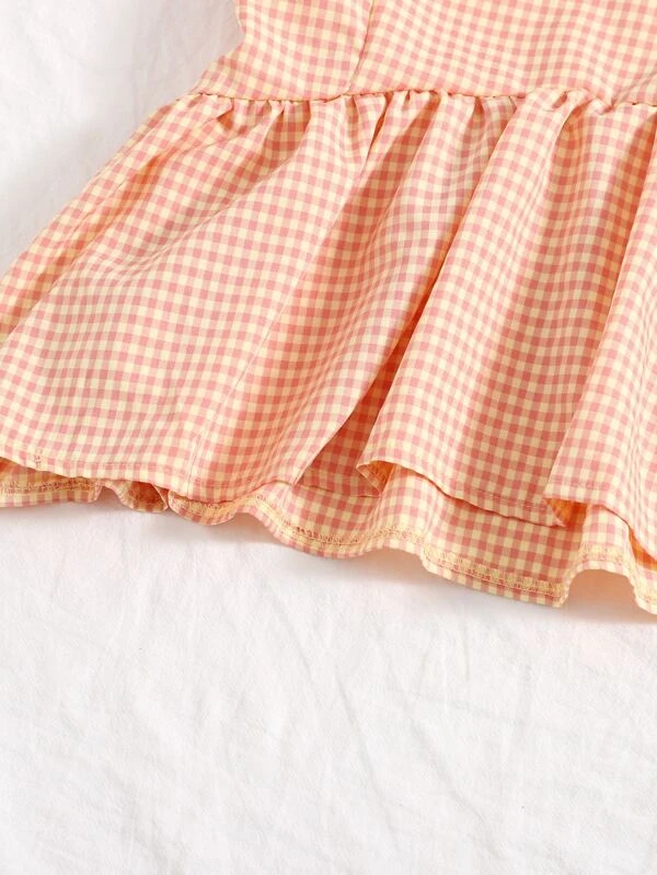 Camisa de guingán bajo con fruncido de manga farol - Imagen 3