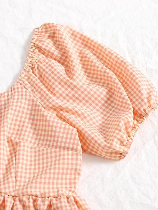 Camisa de guingán bajo con fruncido de manga farol - Imagen 2