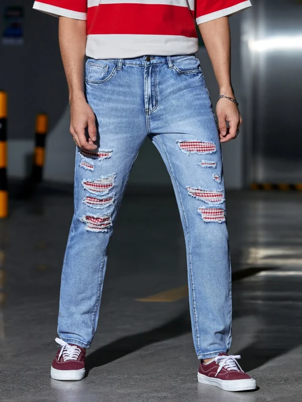 Hombres Jeans desgarro de guingán panel