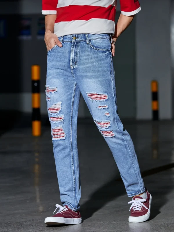 Hombres Jeans desgarro de guingán panel - Imagen 3