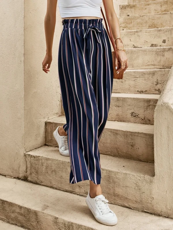 Pantalones de pierna ancha de rayas con cordón de cintura con volante