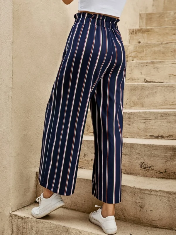 Pantalones de pierna ancha de rayas con cordón de cintura con volante - Imagen 5