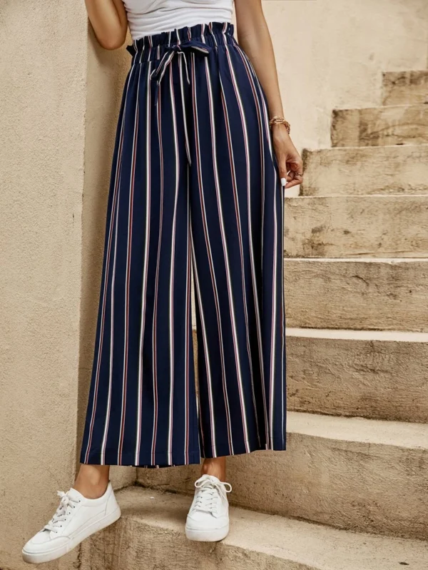 Pantalones de pierna ancha de rayas con cordón de cintura con volante - Imagen 4