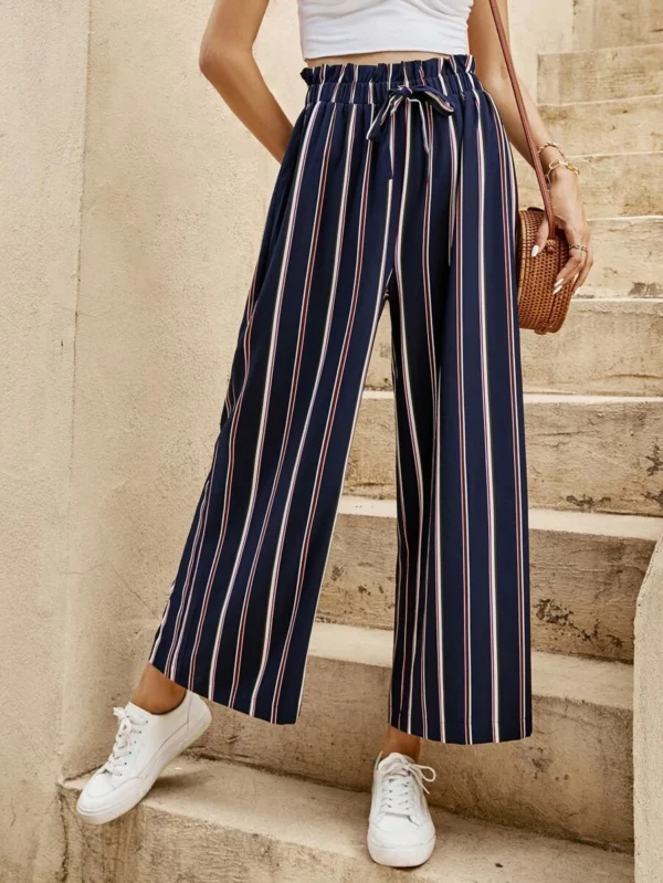 Pantalones de pierna ancha de rayas con cordón de cintura con volante - Imagen 2