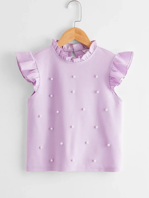 Top de niñas con perlas de sisa fruncido de cuello fruncido