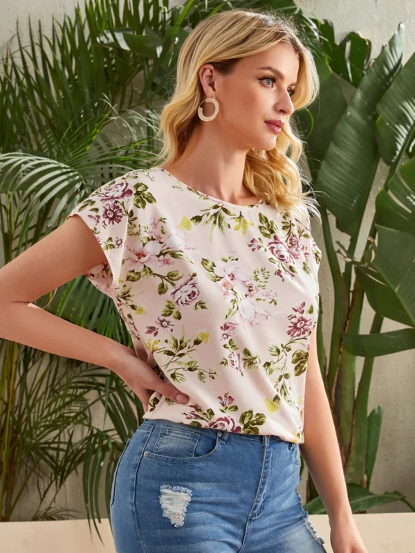 Top con estampado floral de manga murciélago - Imagen 3