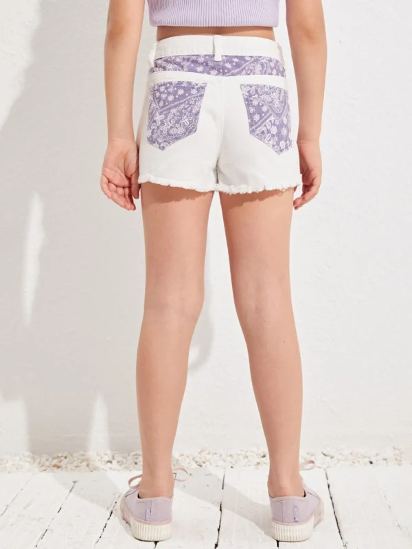 Niñas Shorts en mezclilla con estampado de pañuelo con paisley de color combinado bajo crudo - Imagen 5