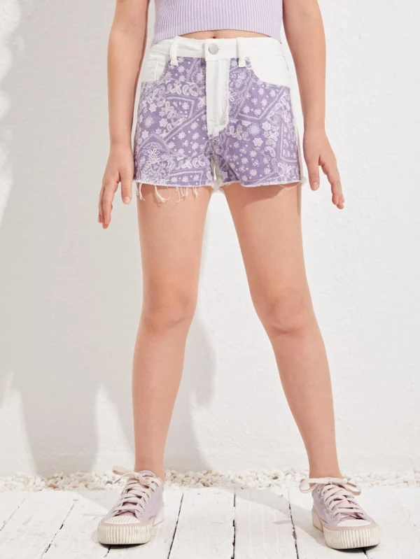 Niñas Shorts en mezclilla con estampado de pañuelo con paisley de color combinado bajo crudo