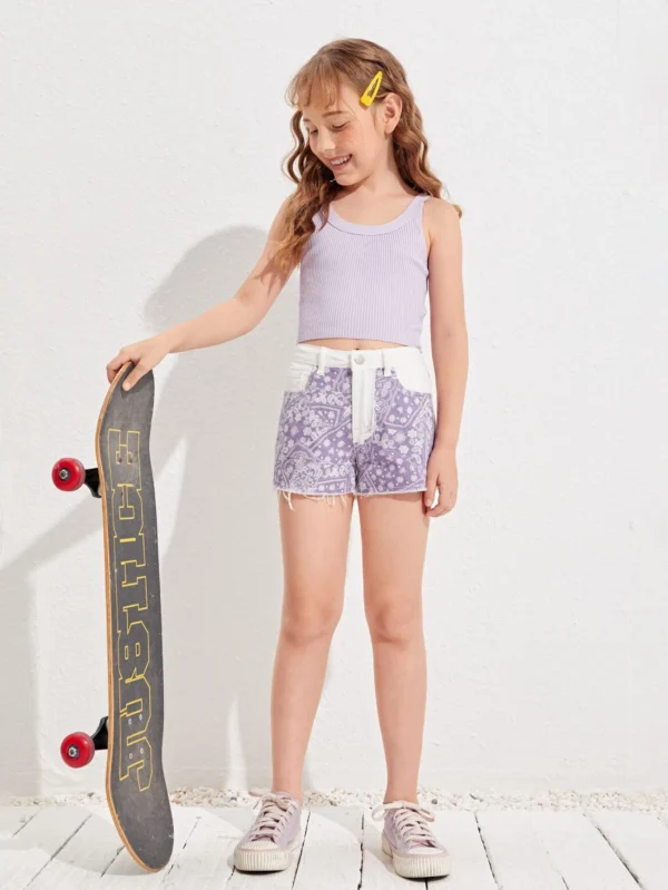 Niñas Shorts en mezclilla con estampado de pañuelo con paisley de color combinado bajo crudo - Imagen 2