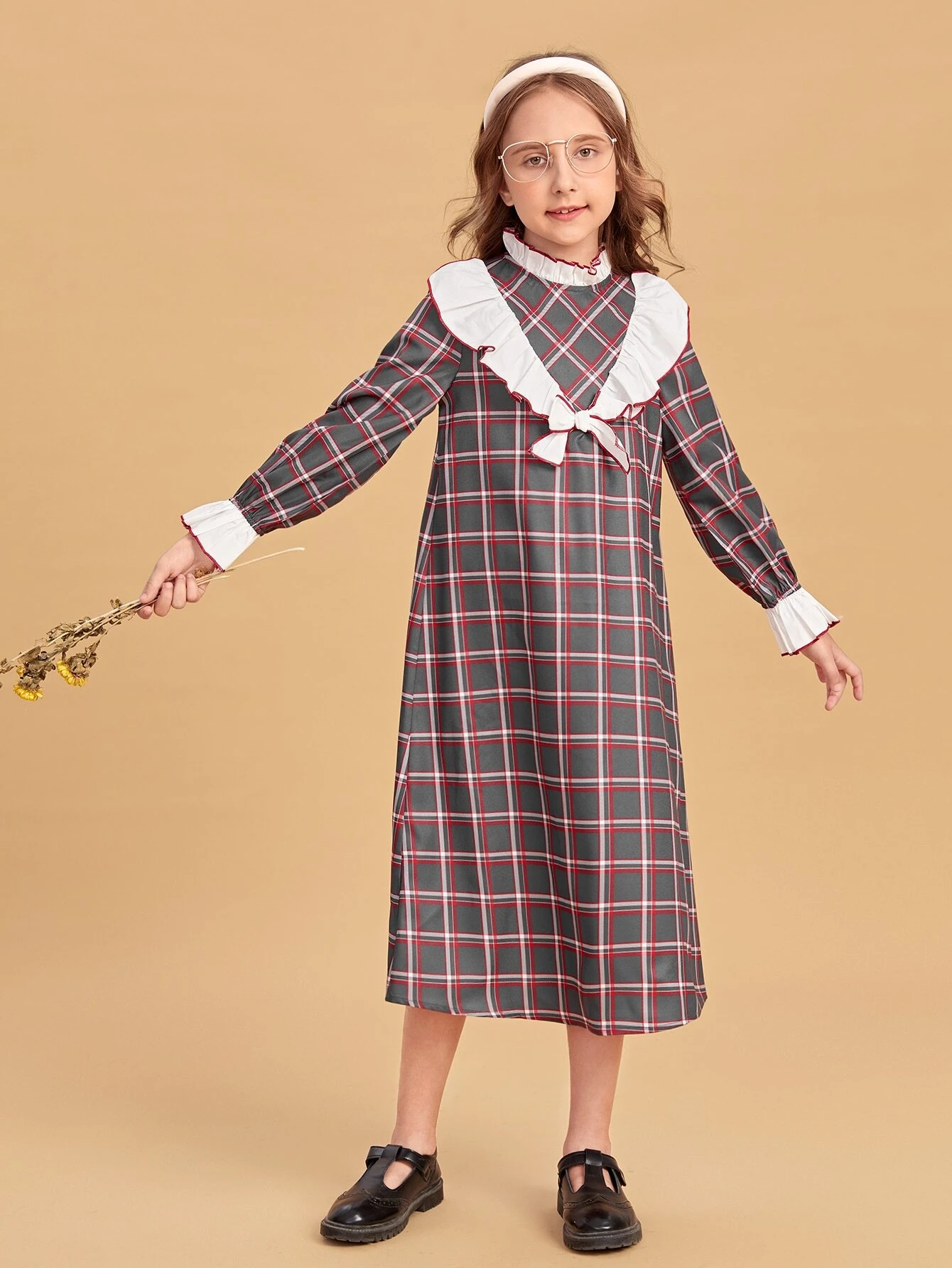 Vestido con estampado de cuadros ribete con fruncido de manga con volante - Imagen 3