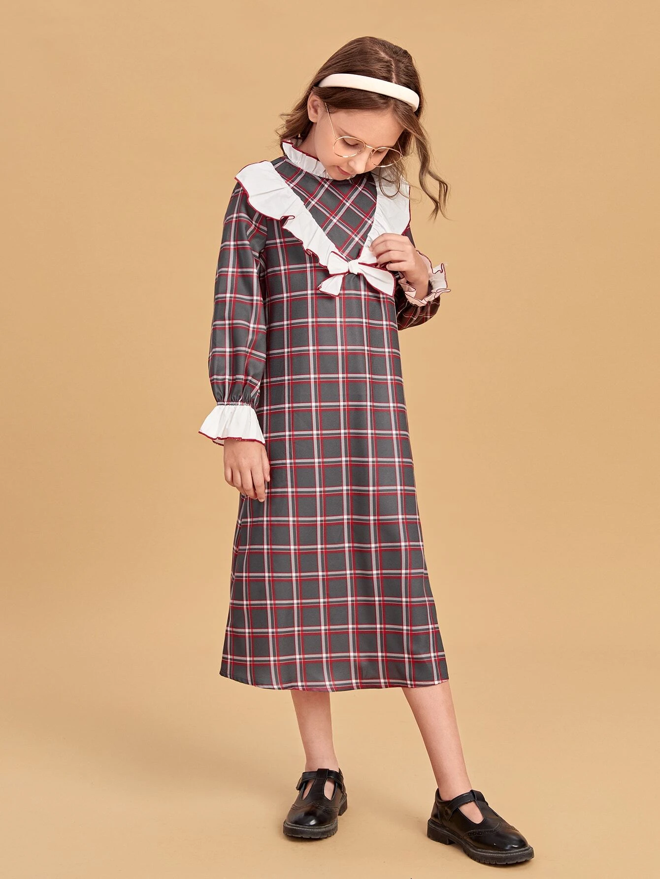 Vestido con estampado de cuadros ribete con fruncido de manga con volante - Imagen 6