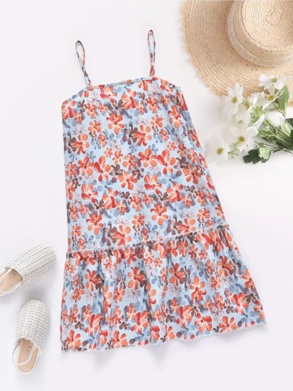 Niñas Vestido de tirantes con estampado floral bajo con fruncido