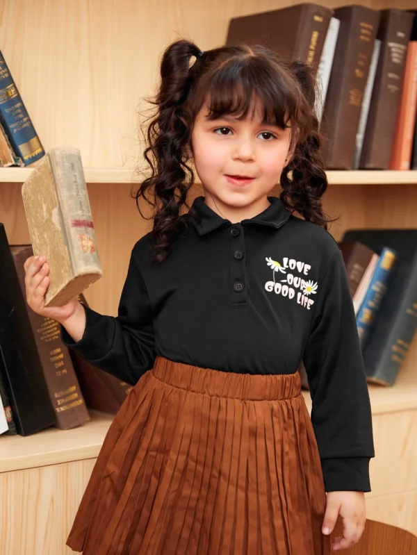 Niñitas Camiseta con estampado de slogan de tapeta con botón