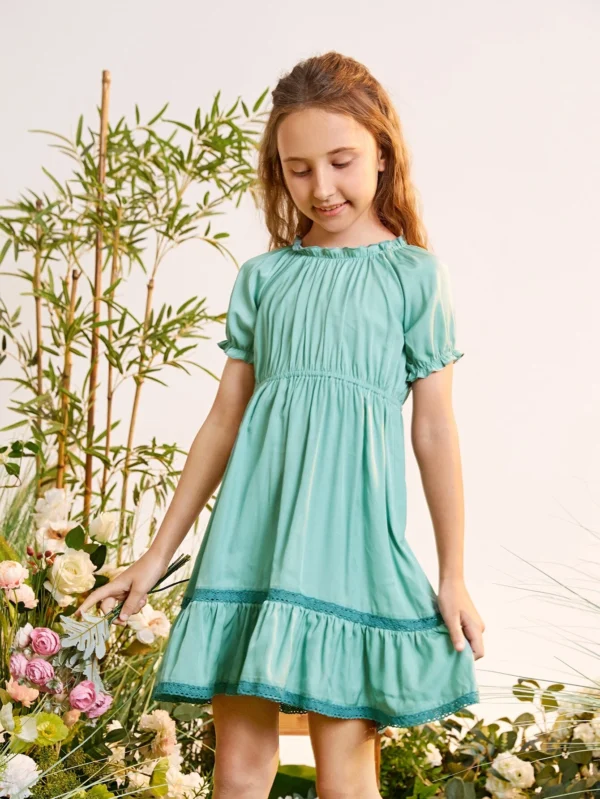 Vestido de manga farol con diseño de encaje bajo con fruncido - Imagen 2