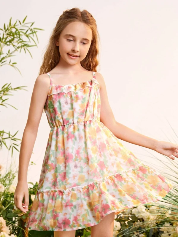 Niñas Vestido de tirantes con estampado floral bajo con fruncido de gasa