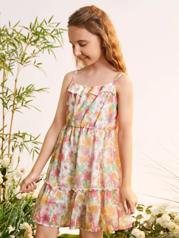 Niñas Vestido de tirantes con estampado floral bajo con fruncido de gasa - Imagen 6