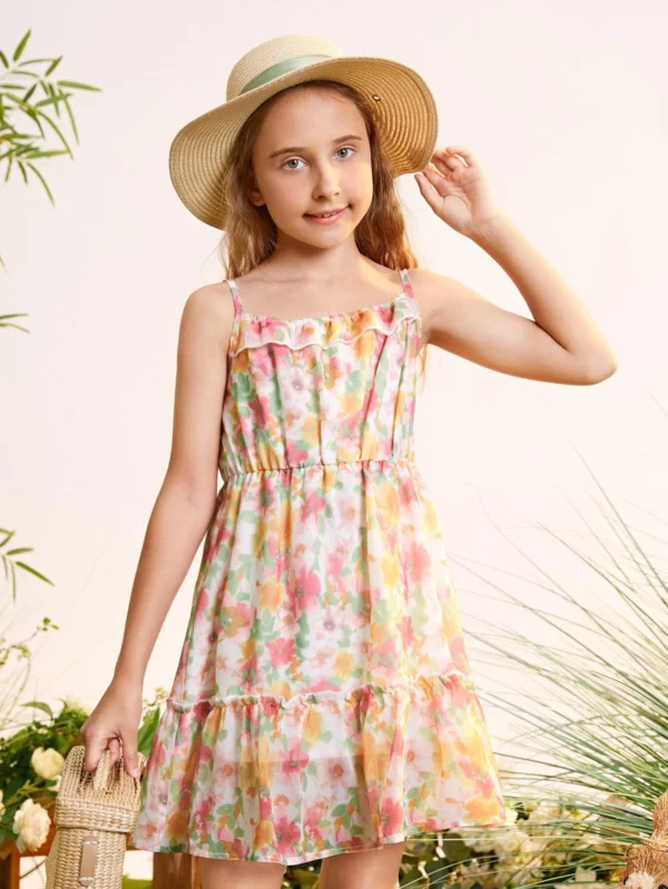 Niñas Vestido de tirantes con estampado floral bajo con fruncido de gasa - Imagen 5