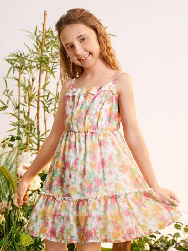 Niñas Vestido de tirantes con estampado floral bajo con fruncido de gasa - Imagen 4