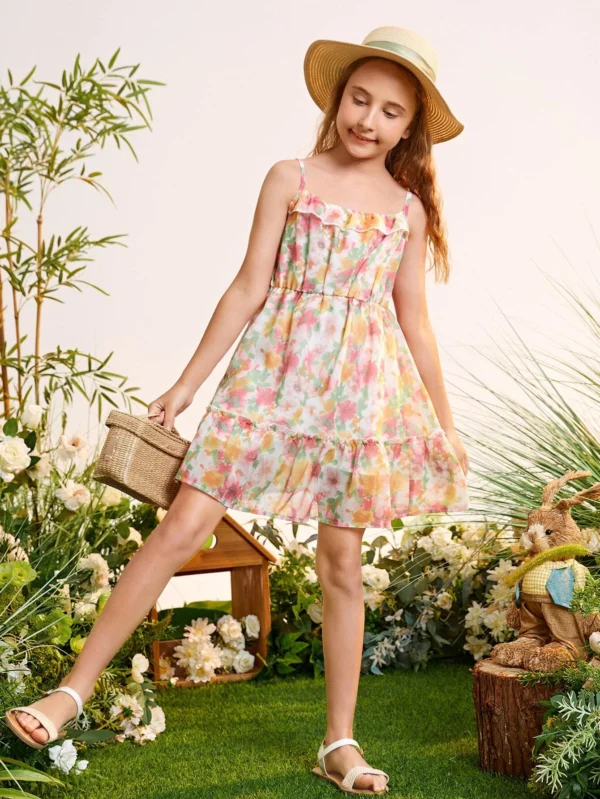 Niñas Vestido de tirantes con estampado floral bajo con fruncido de gasa - Imagen 3