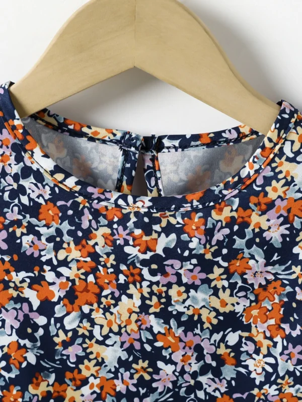 Blusa floral de manga con volante de espalda con abertura de ojo - Imagen 3