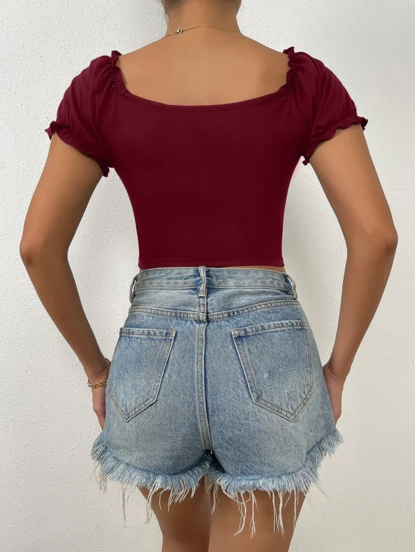 Camiseta corta fruncido delantero escote corazón de manga farol - Imagen 6