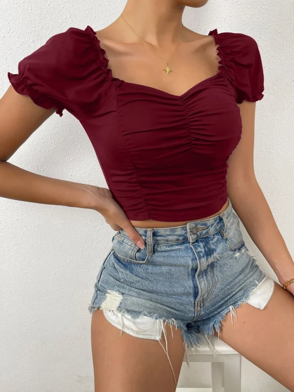 Camiseta corta fruncido delantero escote corazón de manga farol - Imagen 5