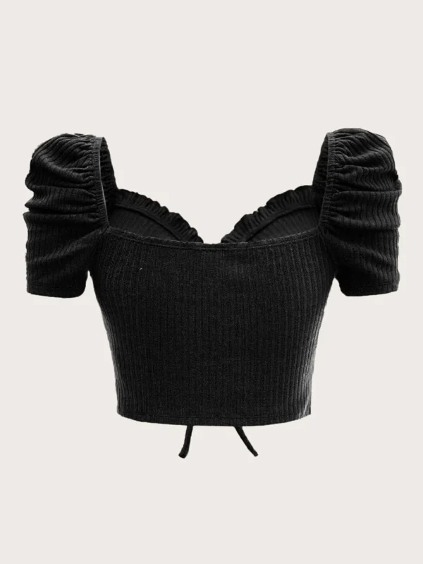 Camiseta de manga farol ribete fruncido con cordón fruncido - Imagen 2
