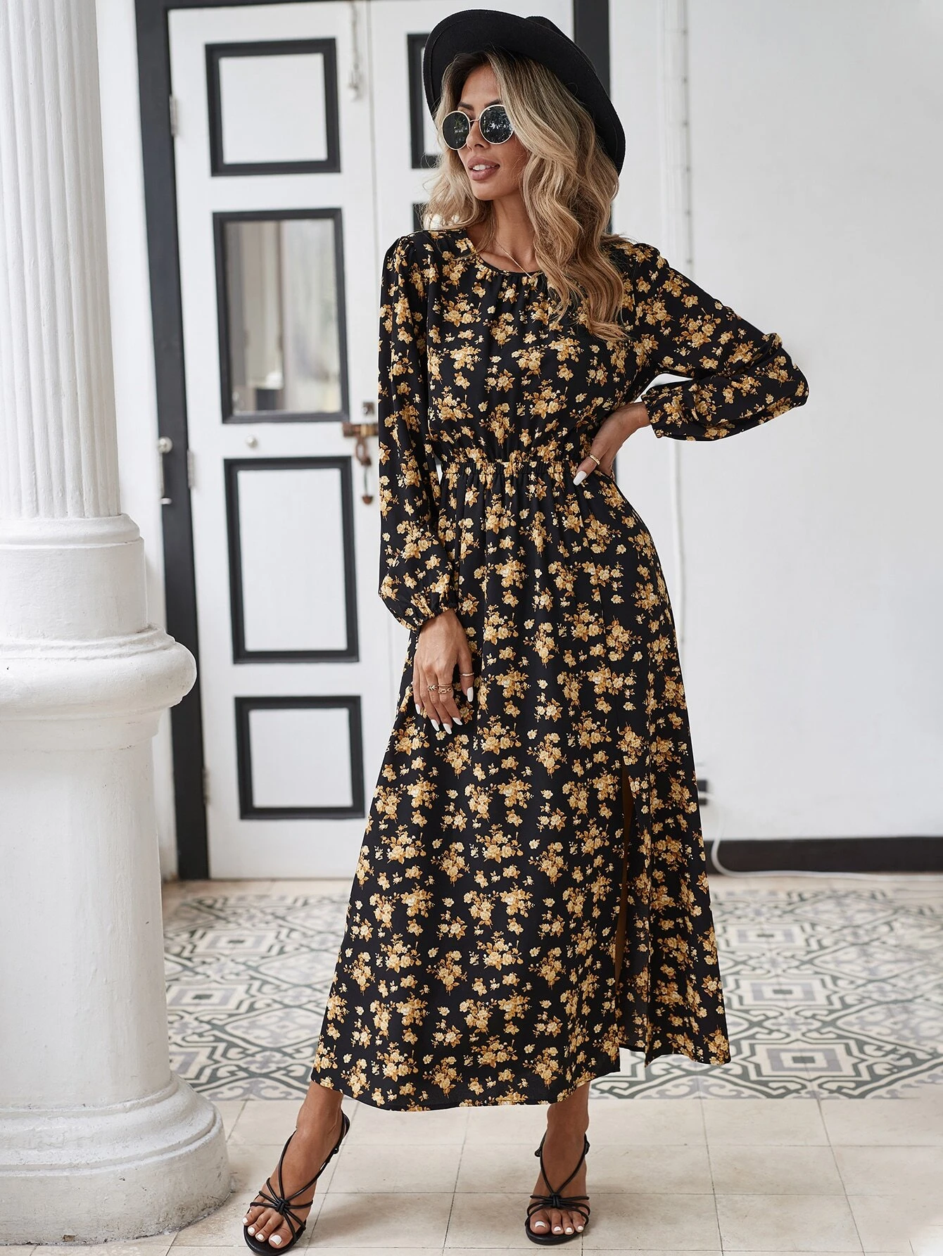 Vestido con estampado floral de manga farol de muslo con abertura - Imagen 2