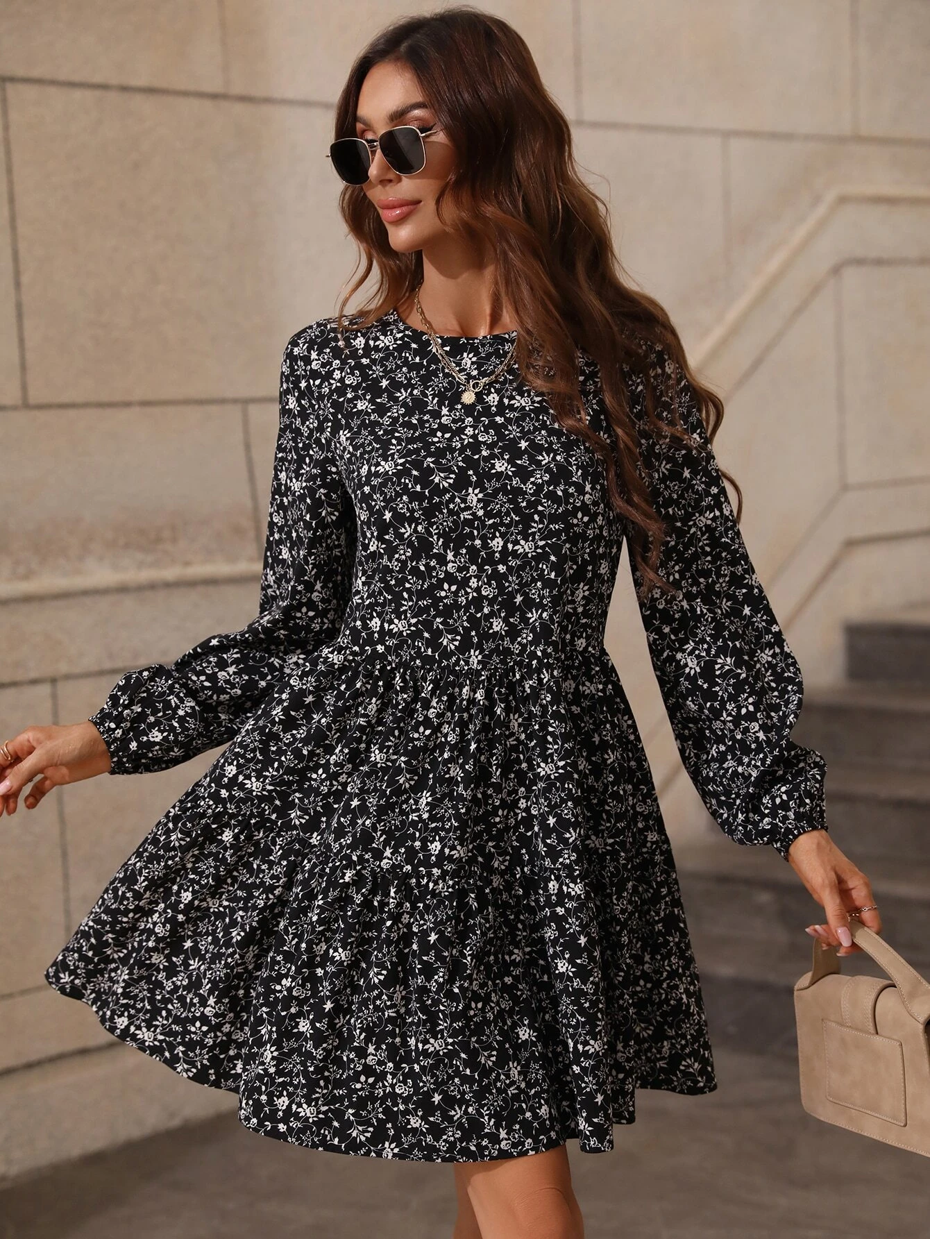 Vestido con estampado floral de manga farol bajo con fruncido - Imagen 4