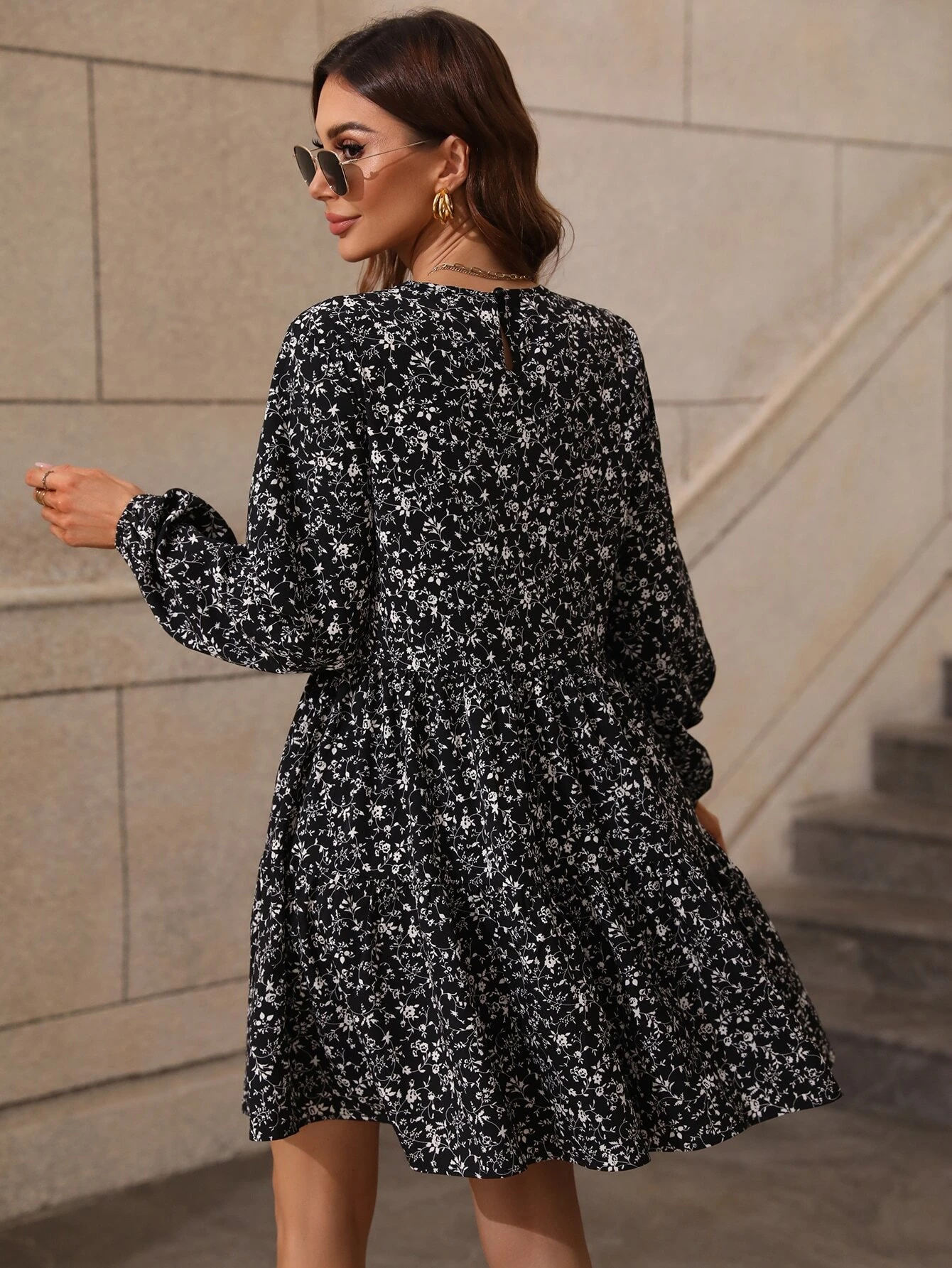 Vestido con estampado floral de manga farol bajo con fruncido - Imagen 6