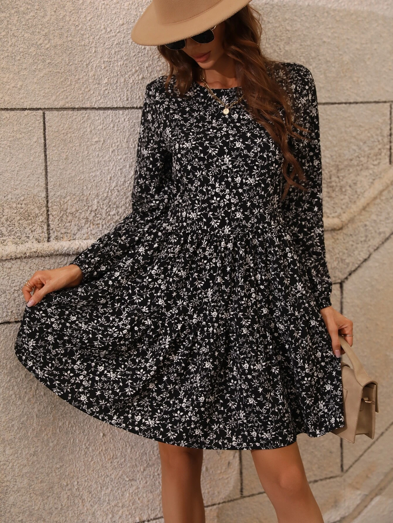 Vestido con estampado floral de manga farol bajo con fruncido - Imagen 2