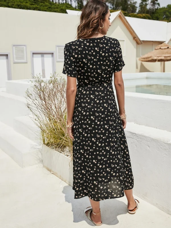 Vestido cruzado de cuello V floral con nudo lateral - Imagen 6