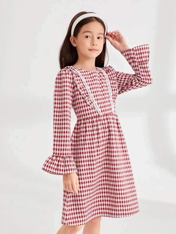 Niñas Vestido de guingán de manga con volante ribete con fruncido