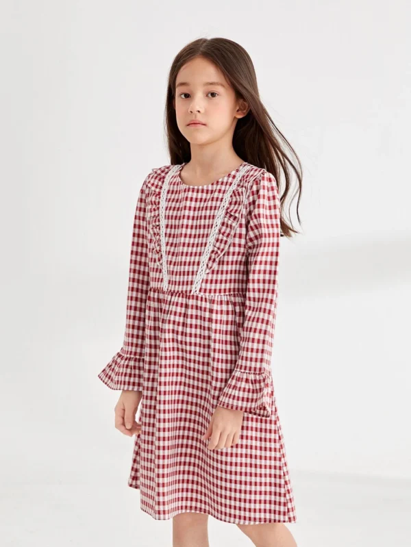 Niñas Vestido de guingán de manga con volante ribete con fruncido - Imagen 3