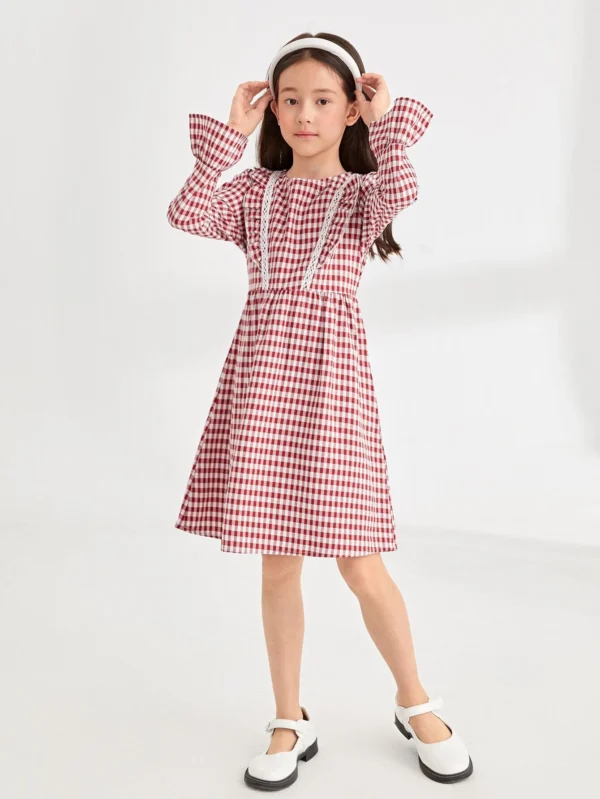 Niñas Vestido de guingán de manga con volante ribete con fruncido - Imagen 2