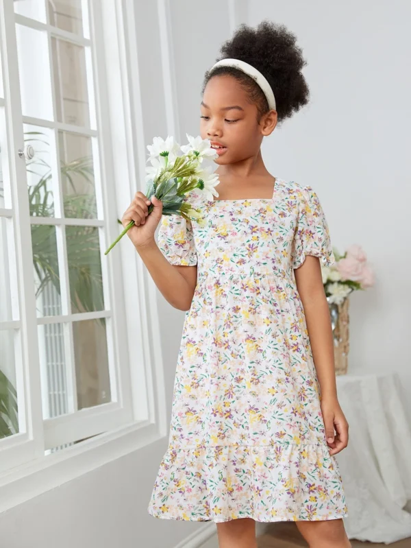 Niñas Vestido floral de cuello cuadrado