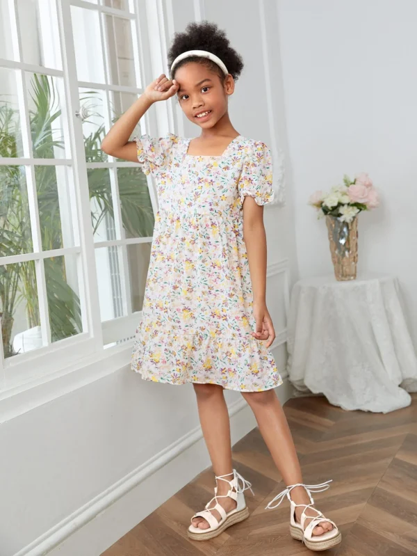 Niñas Vestido floral de cuello cuadrado - Imagen 4
