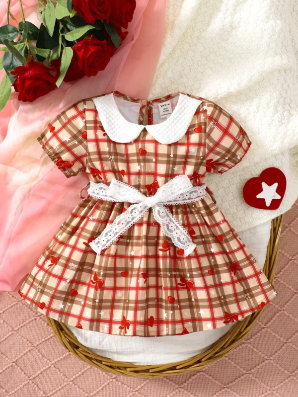Bebé Vestido con cinturón de cuadros & con estampado de lazo de cuello en contraste