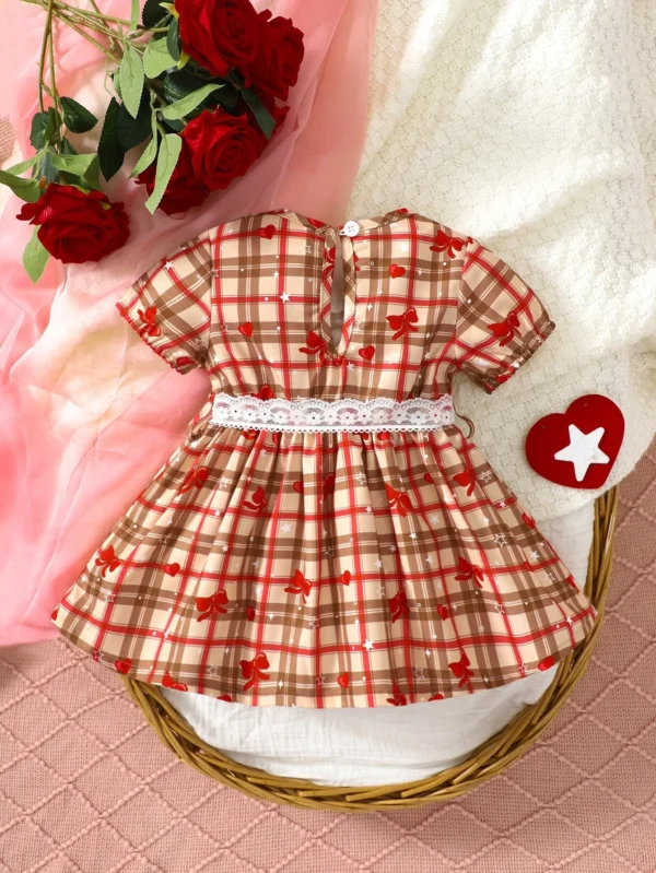 Bebé Vestido con cinturón de cuadros & con estampado de lazo de cuello en contraste - Imagen 5