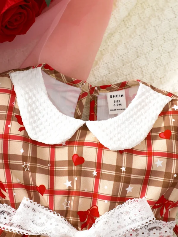 Bebé Vestido con cinturón de cuadros & con estampado de lazo de cuello en contraste - Imagen 4